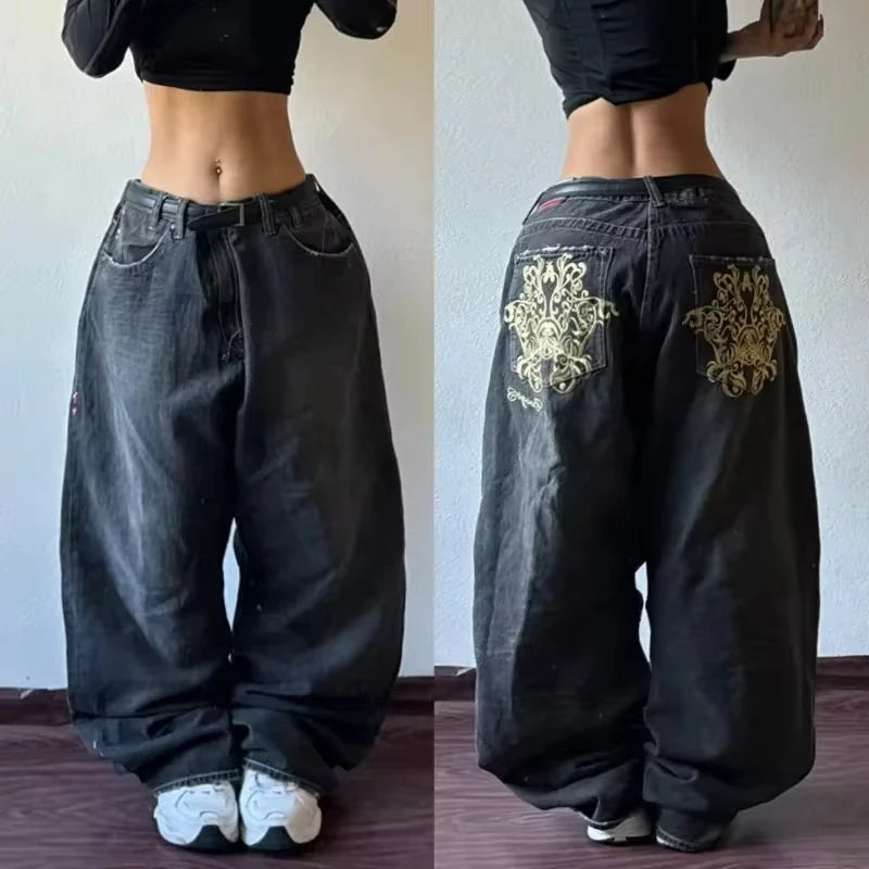 American New Fashion Letter Embroidery Stitching Old Baggy Jeans Women Y2K Harajuku  Popular High Waist Wide Leg Trousers
