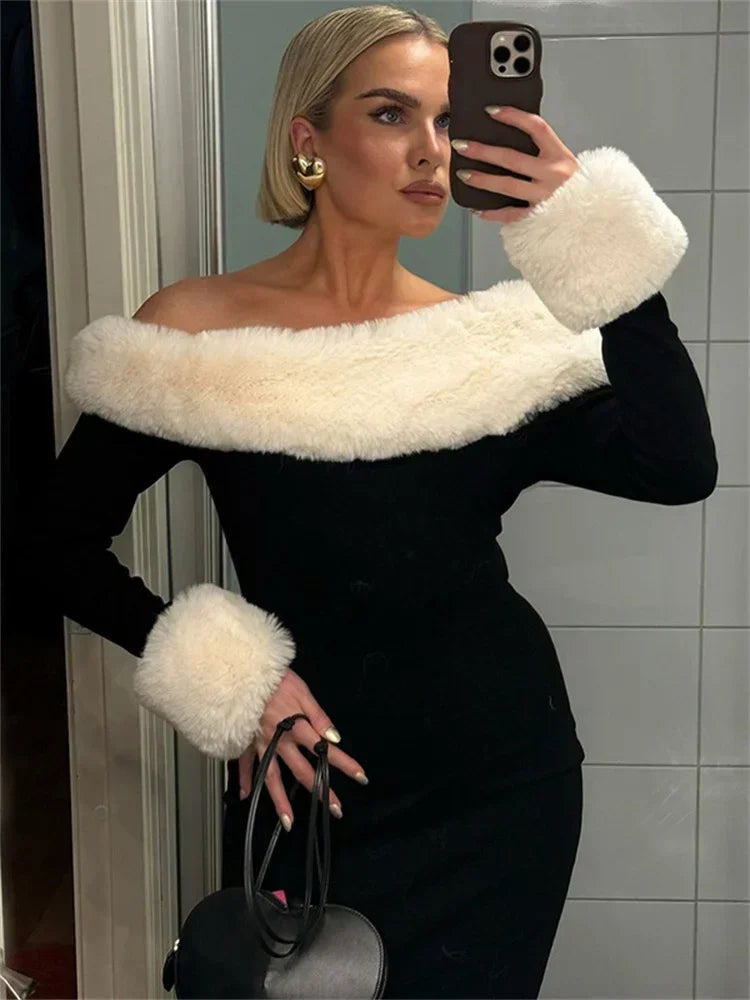 Tossy Fluffy Winter Slim Maxi Dress Female High Waist Long Sleeve Sexy Off-Shoulder Patchwork Bodycon Dress Ladies Party Dress
