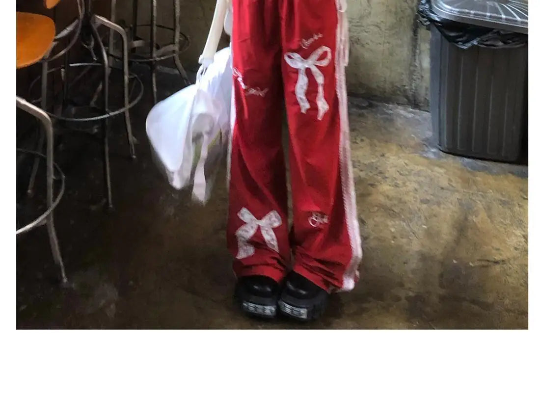 Dophee Original Spice Girls Elastic Waist All-match Loose Straight Wide Leg Pants Cute Bow Printed Splicing Lace Casual Trousers