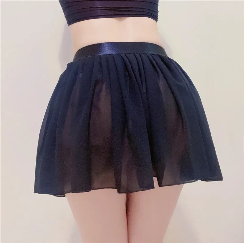 FREEAUCE Elastic See Through A-Line Pleated Mini Skirts Solid Black Sexy Long High Waisted White Lace Short Skirt for Women