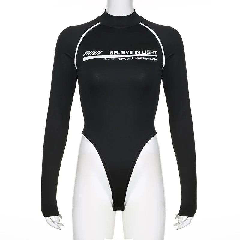 Rockmore Fashion Bodysuits Women Streetwear Print Jumpsuit Female Moto Biker Workout Long Sleeve Body Tops Casual Rompers Mujer