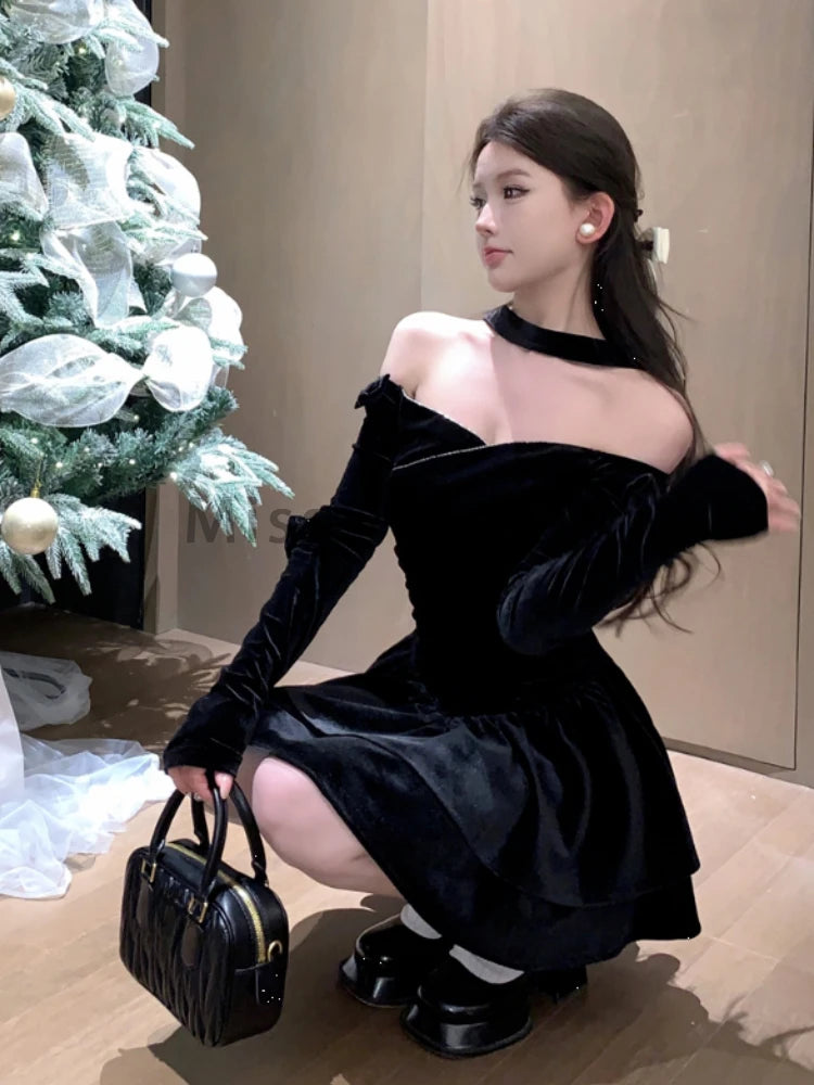 Off Shoulder Black Velvet One Piece Dress Women French Elegant Long Sleeved Princess Dresses Fashion Puffy Birthday Short Dress