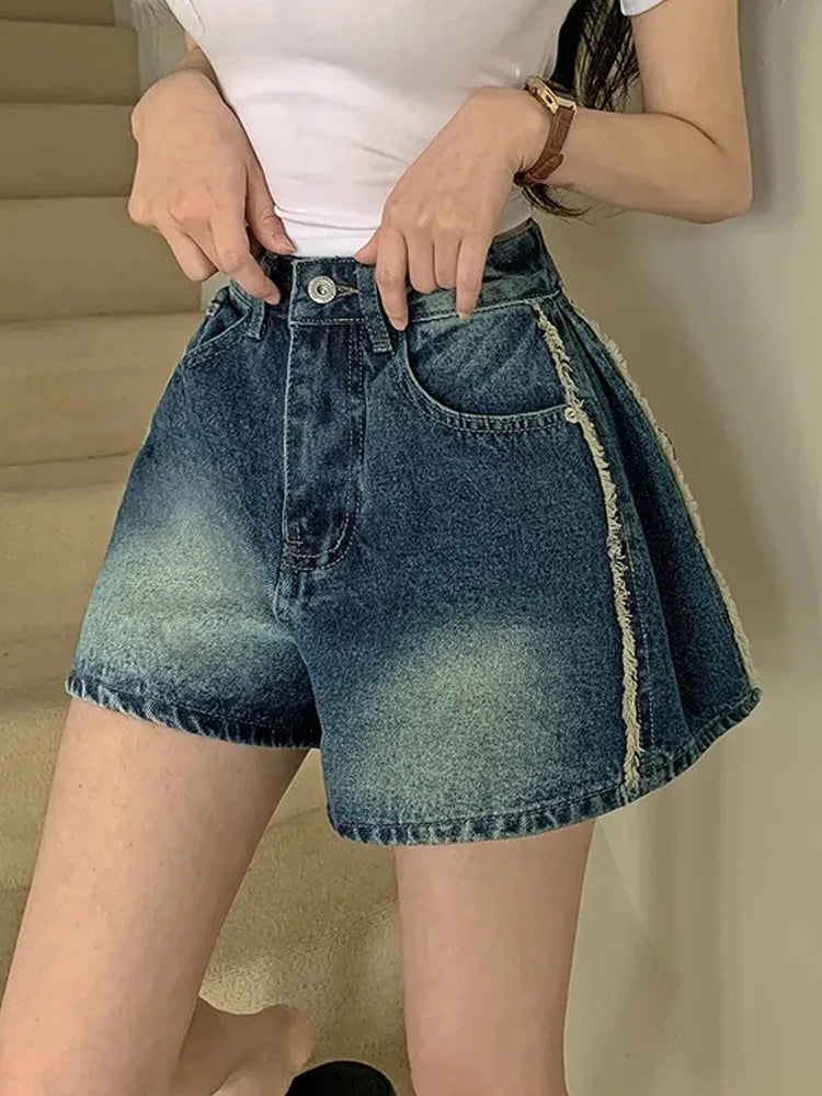 Retro Waed Distred High Waist Wide Leg Jeans orts Casual Sle A-Line Loose Fit Summer Denim orts for Women