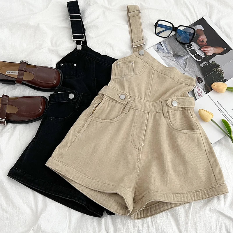 Casual Denim Jumpsuits Women Spring Summe Retro Short  Fashion  One-shoulder Wide Leg Pants 2024 New Cool Girls Streetwear