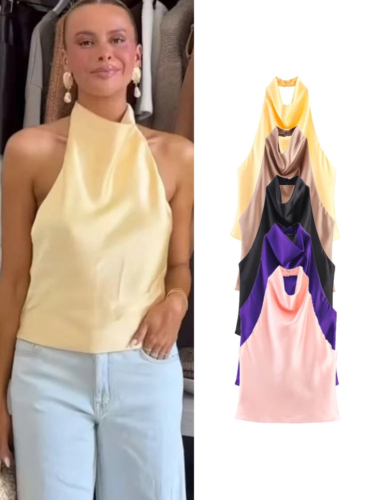 TFMLN Elegant Halter Top for Women Spring Summer Sexy  Backless High Street Waistcoat Female Fashion Solid Halter Neck Tops