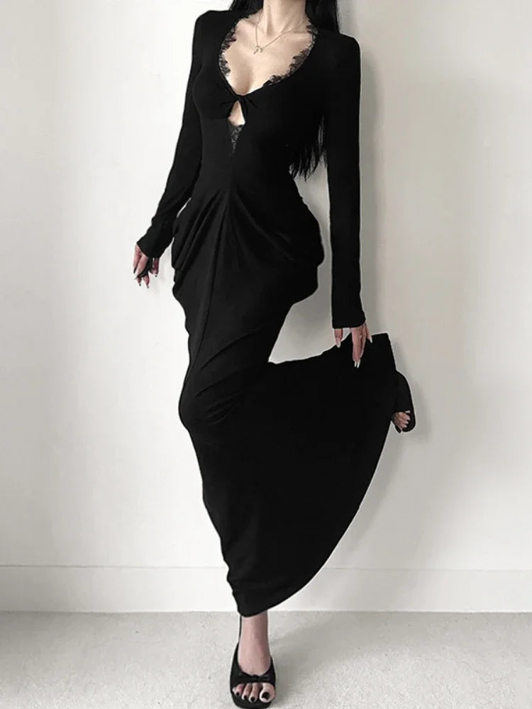 AltGoth Fairycore Grunge Elegant Midi Dress Women Mall Gothic Sexy Lace Patchwork Hollow Out Long Sleeve High Waist Corset Dress