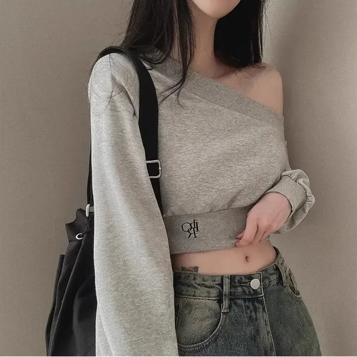 Women's Autumn Off-the-shoulder Sweatshirt Cropped Top Embroidery Loose-fit Windy Sweet Girl Hoodies Thin Material