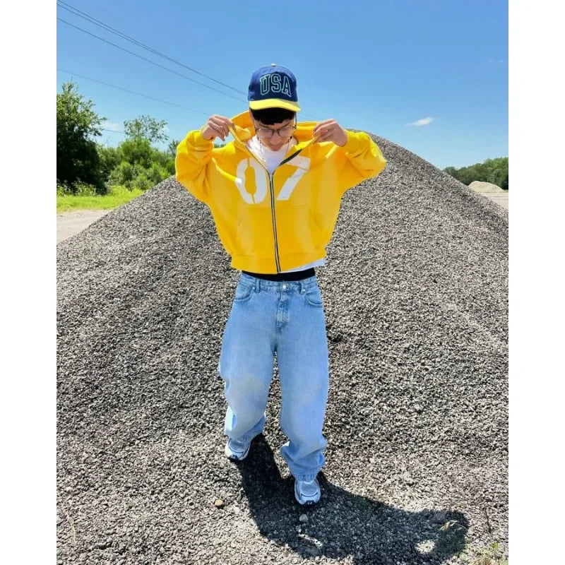 Men 07 Yellow Hoodie American Retro Graphic Print Cotton Thickened Oversized Streetwear Pullover Casual Sweatshirt Fall Winter