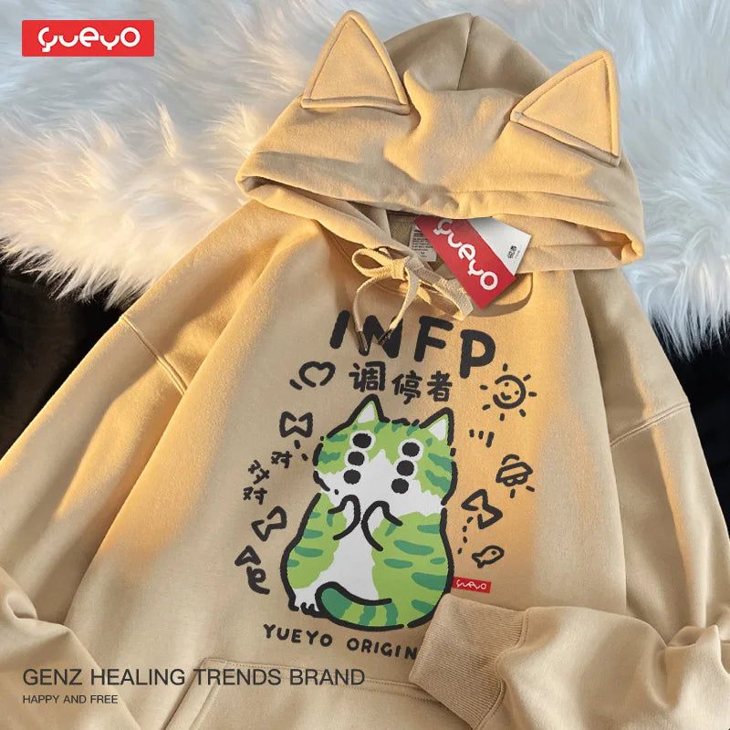 Original Fce-lined Hoodie Men's Spring MBTI Mediator INFP  Ear Design Comfortable Loose Fit Youthful Trendy Polyester C...