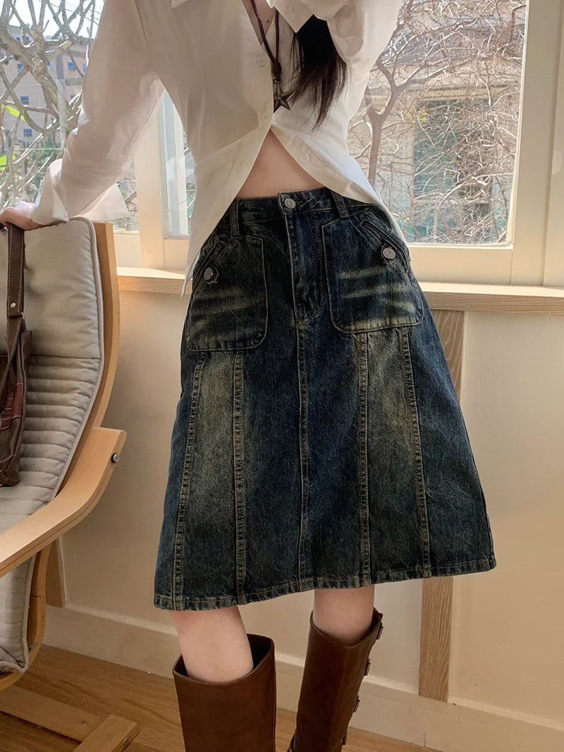American Retro Distred Denim  Skirt Women plus Size Loose Slimming A-Line Midi Skirt Spring Summer New Sle