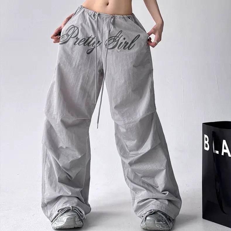 American retro black printed Spice Girls Street Dance Scimitar Pants Women's Loose Design Splicing Summer New Wide Leg Pants