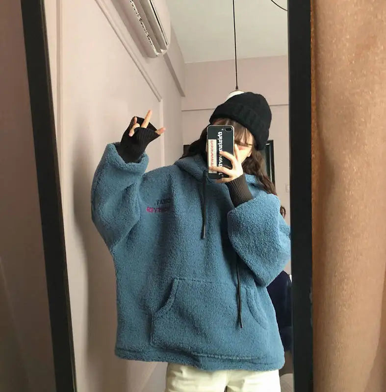 Plush Women Hoodie Solid Color Loose Pullover Hooded Korean Fashion Cold-proof Thicken Soft Spring Hooded Sweatshirts худи 후드티