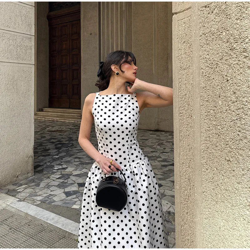 Elegant Women Polka Dot Maxi Dresses Chic Sleeveless Round Neck High Waist Slim Long Vestidos 2025 Lady Party Street New Dress