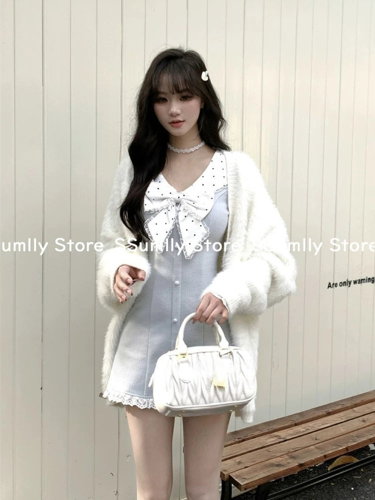Korea Sweet Bow Long Sleeve Dresses Women Spring New Design Sense A-line Short Dress Blue Kawaii Patchwork Party Clothes 2025