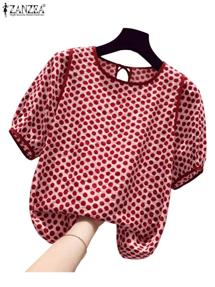 ZANZEA Casual Loose Women Blusas Mujer 2024 Summer Stylish Tied Back O Neck Puff Sleeve Tunic Tops Polka Dot Elegant Blouses