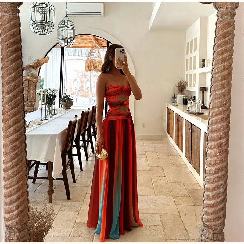 Summer New Colorful Print Beach Dress For Women Sexy Hollow Out High Waist Pleated Maxi Dresses 2025 Vocation Female Vestidos