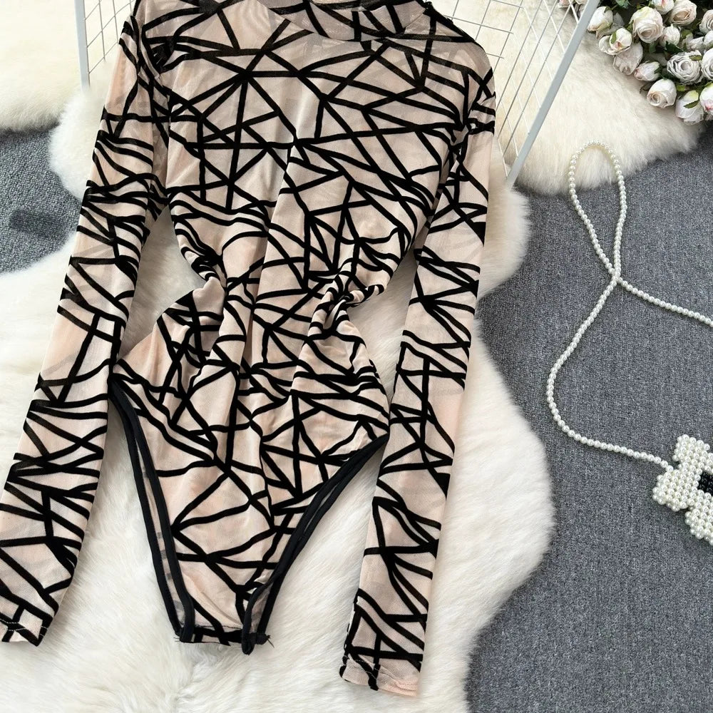 Foamlina Sexy Hollow Out Mesh Bodysuits for Women Fashion Striped Print Stand Collar Long Sleeve Slim Fit Club Party Jumpsuits