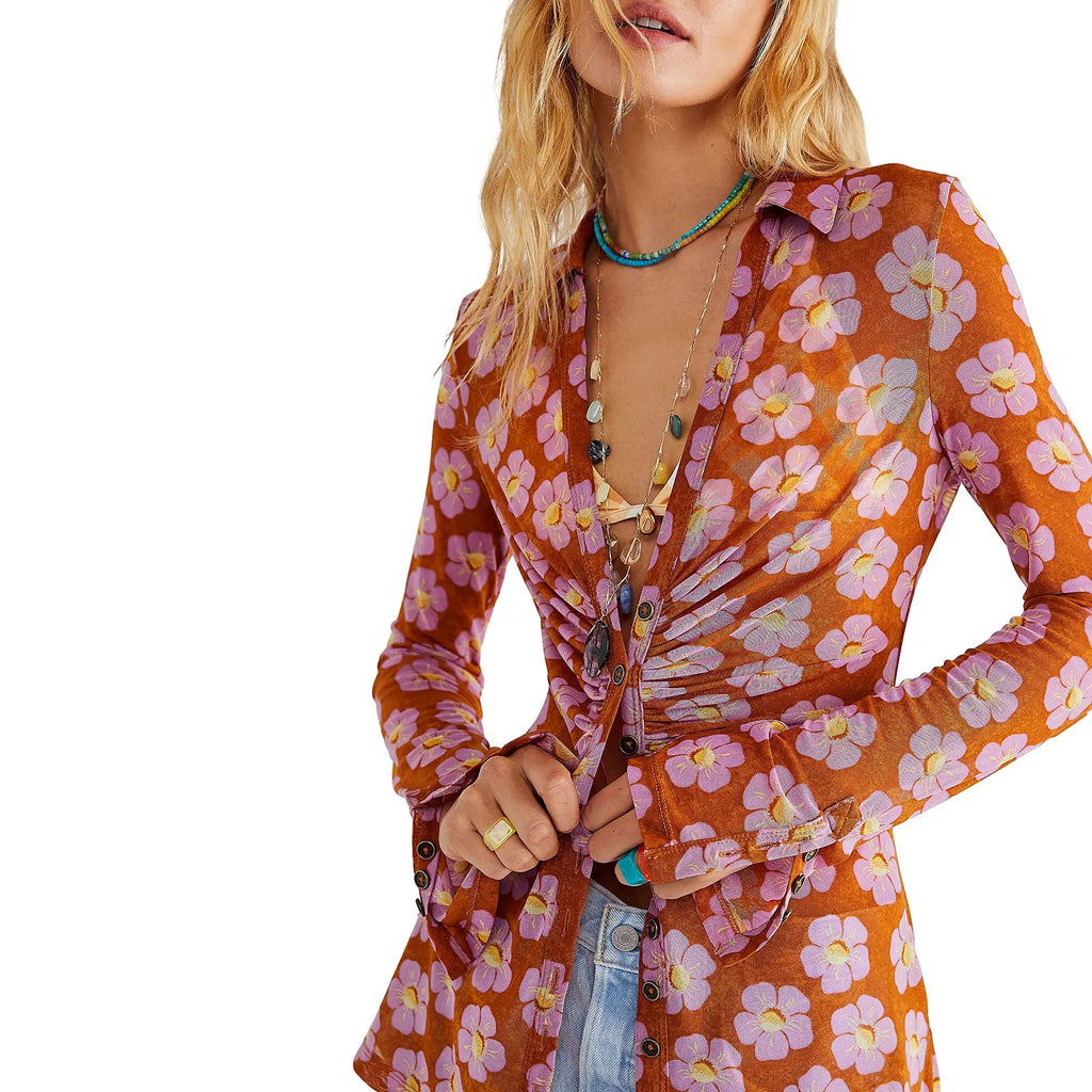 Y2k Women Retro Floral Print Shirts V Neck Long Sleeve Ruched Blouses Button Down Slim Fit Crop Tops Fairy Grunge Streetwear