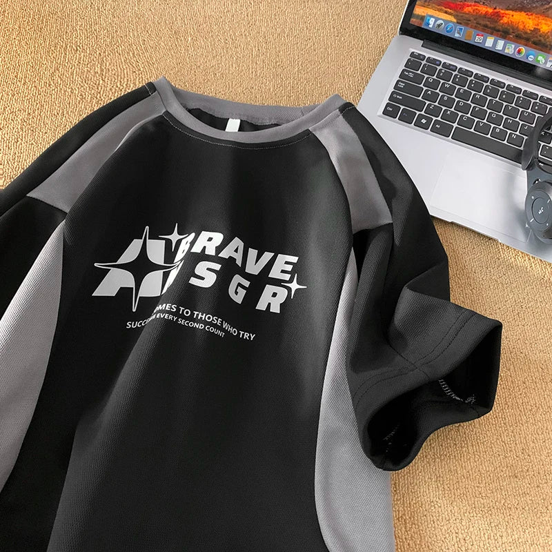 Mens Hipster Contrast Color T Shirt Oversized Vintage Racing Short Sleeve Tshirts Unisex Graphic Jersey Printed Casual Tee Shirt