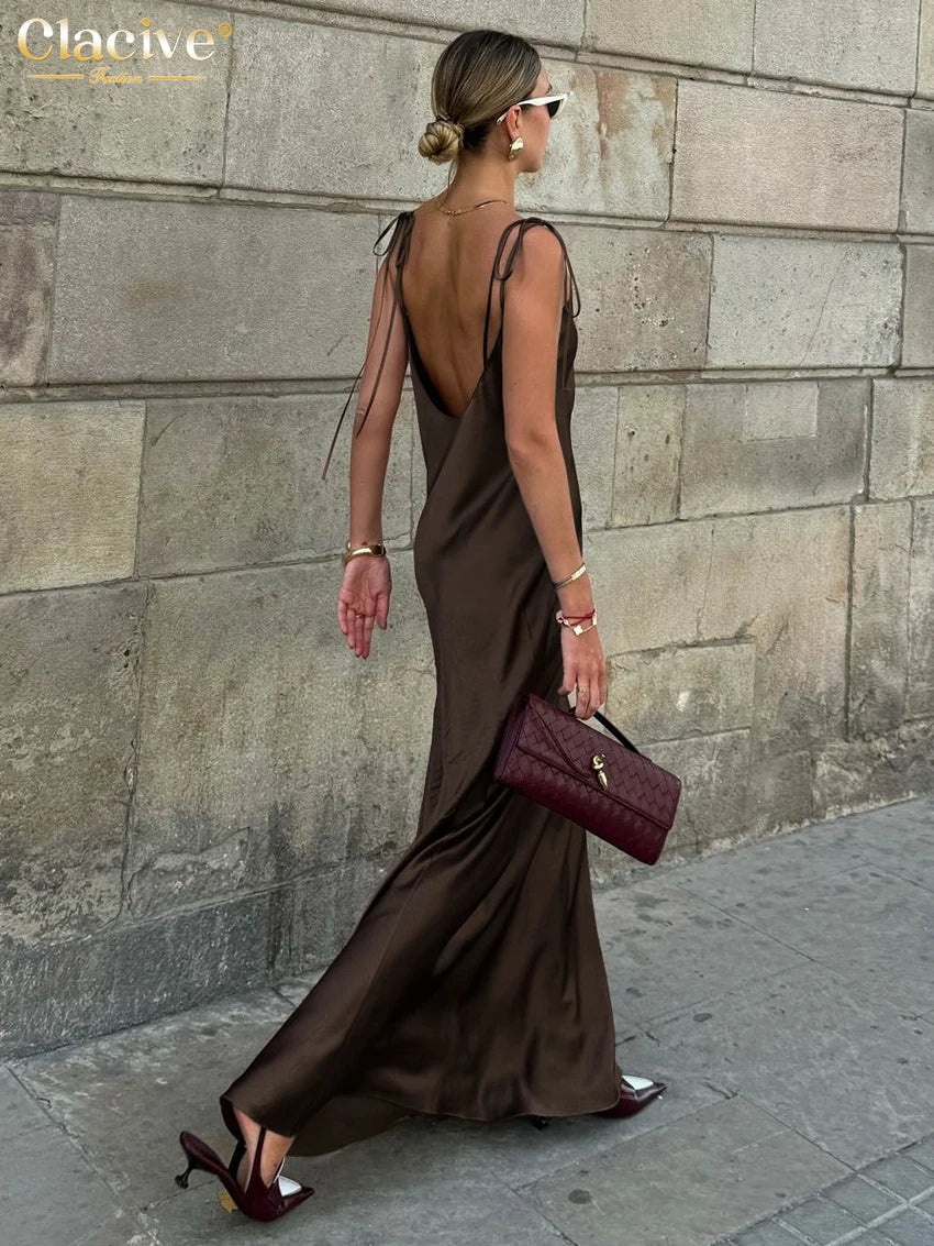Clacive Fashion Loose Brown Satin Womens Dresses 2025 Summer Strap Sleeveless Floor Length Dress Sexy Backless Female Dress