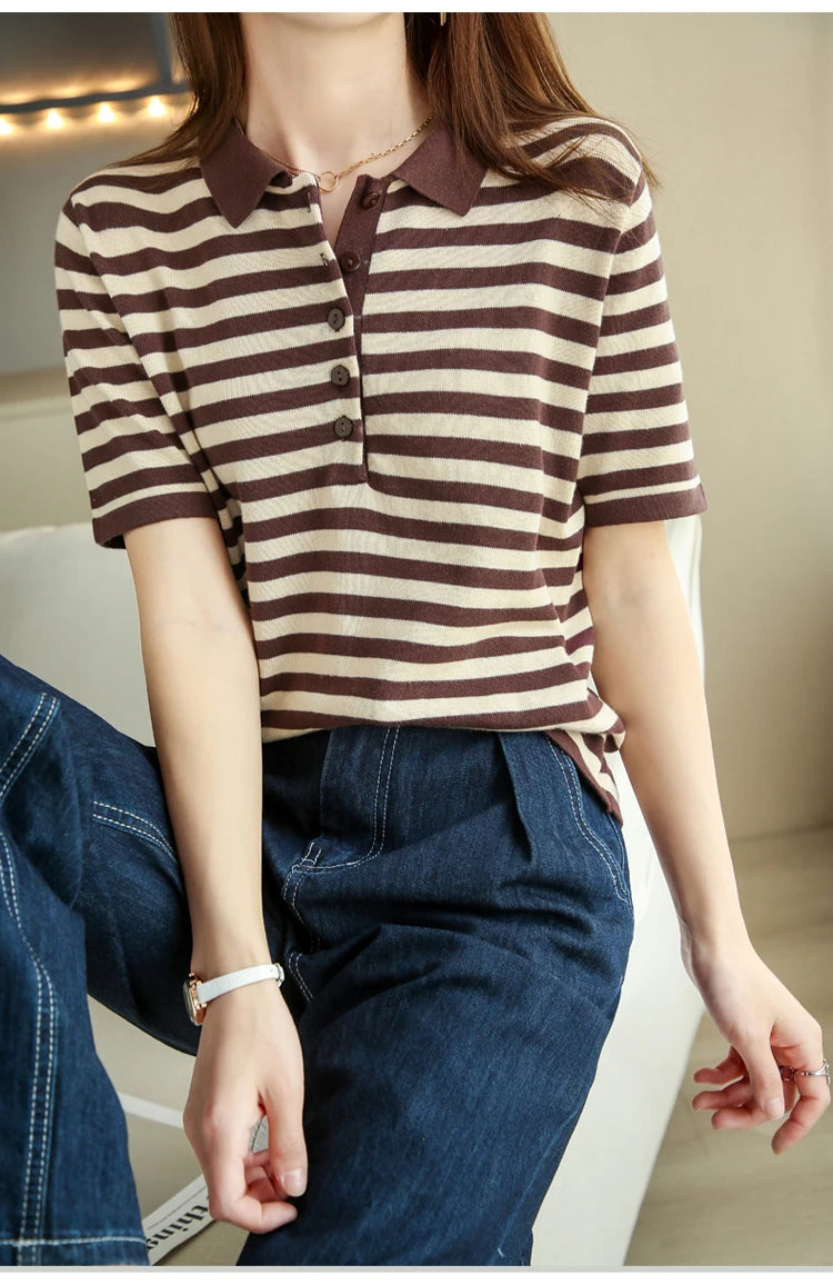 RONGYI 100% Cotton Women's Spring And Summer New Polo Neck Knitted Pullover With Stripes And Thin Short Sleeve T-Shirt Loose Top