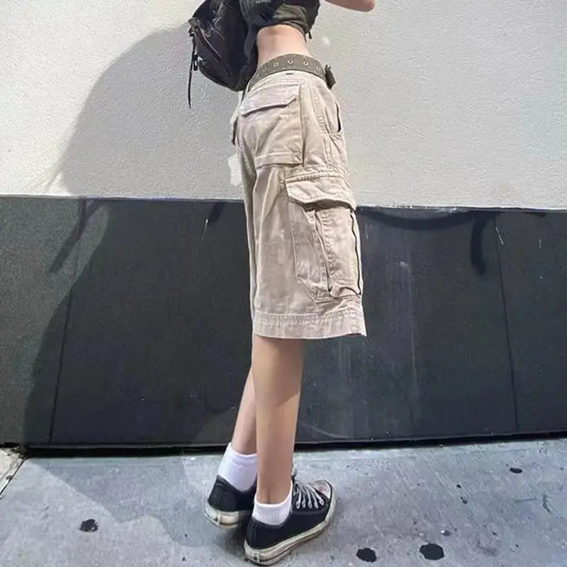 Cargo Knee-length Jeans Women Vintage Washed Streetwear Chic Unisex Fashion Summer Pockets BF Casual Baggy All-match Schoolgirls