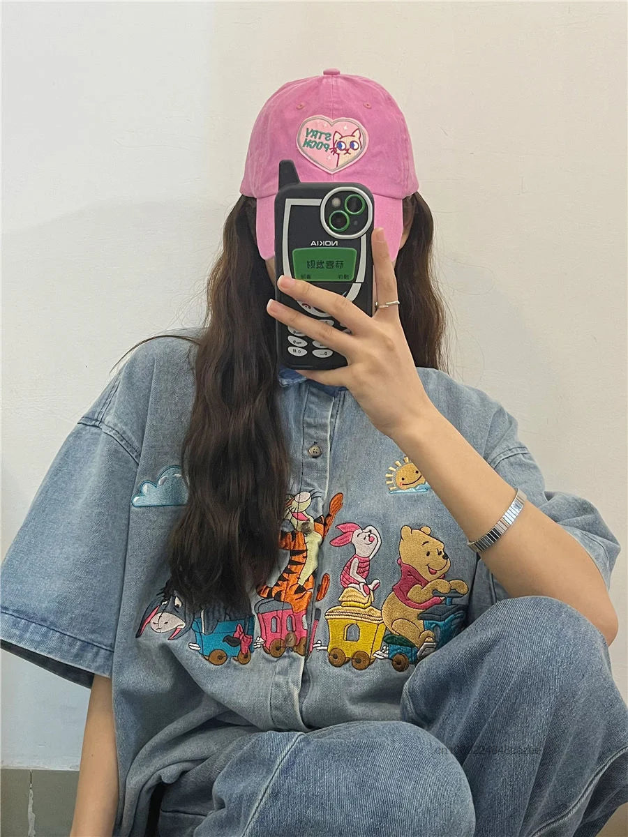 Disney Winnie The Pooh Antique Style Niche Childlike Fun Embroidery Denim Shirt Womem's Summer Loose Shirt Casual Versatile Top
