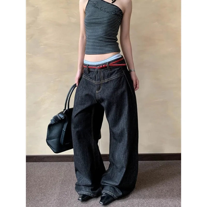 American Retro Primary Color Scimitar Jeans Women's Summer New High Street Design Loose and Thin Wide Leg Floor Pants