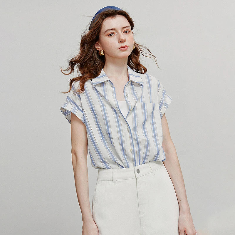 TOYOUTH Women Blouse Shirt 2025 Summer New Blue and White Striped Sleeveless Turn Down Collar Casual Shirt Tops 8522042
