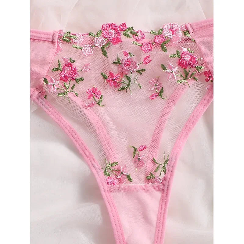 Transperant Lingerie Set Women Mesh Net Sexi Lenceria Sensual Mujer Bra Sets Embroidery Floral Underwired