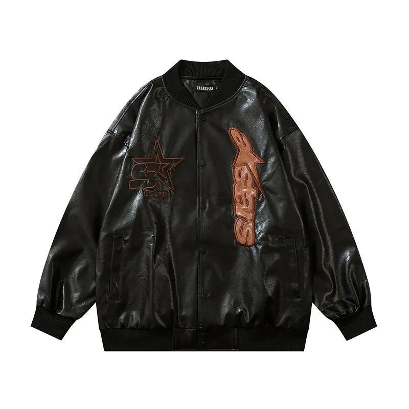 American retro letter embroidery leather Jacket Coat women's Y2K street hip-hop trend baseball suit couple casual leather jacket