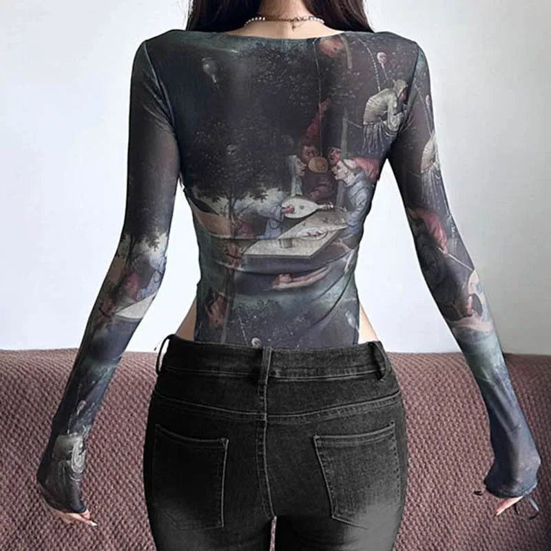Goth Dark 90s Retro Print Mesh Long Sleeve Skinny Bodysuits Cyber Y2K Sheer Tops Women Gothic Lace Patchwork Bodysuit Streetwear