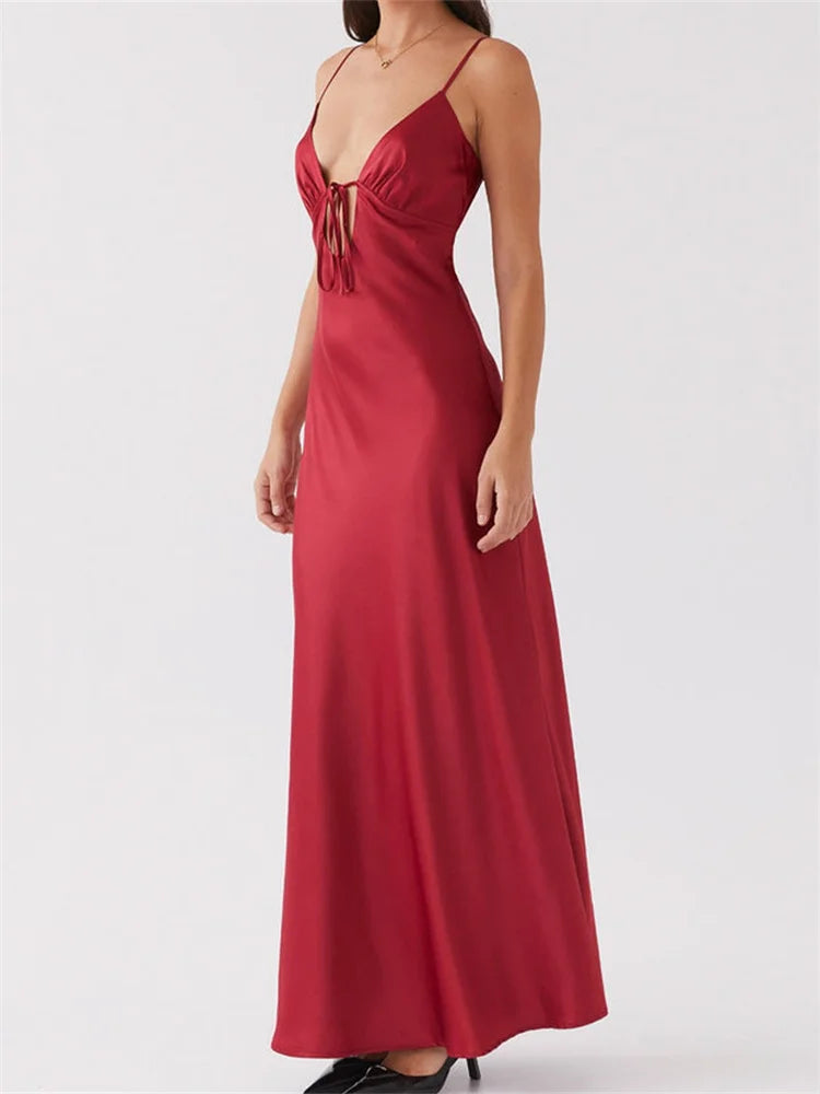 CHRONSTYLE Women Dresses Solid Color Sleeveless Strap V-neck Front Tie-Up Backless Long Dress Summer Slim Casual Female Vestidos