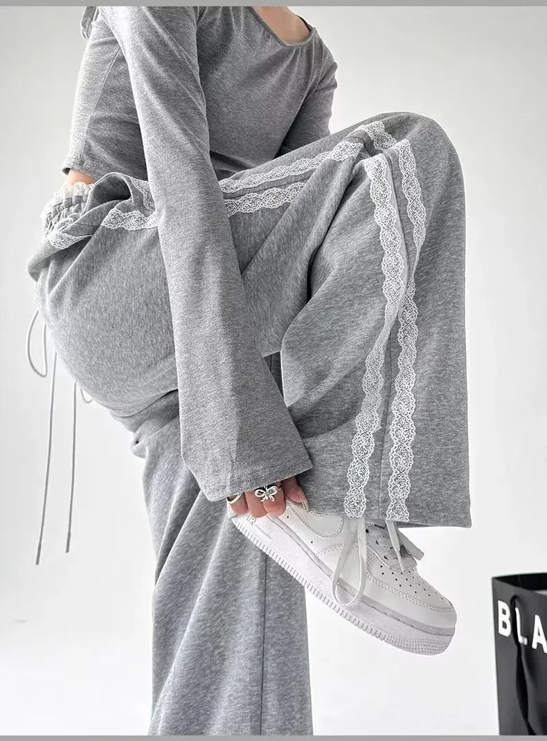 Trendy Casual Wide Leg Pants Women's Autumn Winter High Waist Splicing Lace Trim Drapey Slimming Sporty Trousers