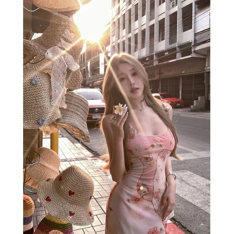 Summer Floral  Boho Dress Women Sleeveless Slim Fit Party Midi Dress  Mesh Patchwork Long Bodycon Elegant Beach Holiday Dress