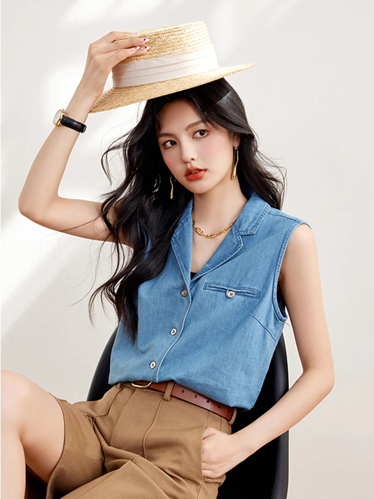Vintage Sleeveless Tank Top Women Fashion Turn-down Collar Casual Vest Shirts Spring Summer Casual Denim Shirt