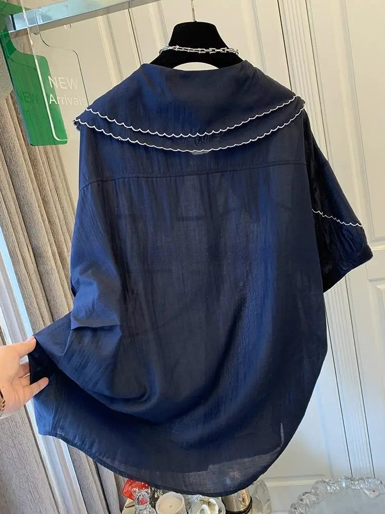 Double Peter Pan Collar Korean Loose Women tops Shirts Lantern Sleeve Shirts Summer Casual Blouse Girls New 2025