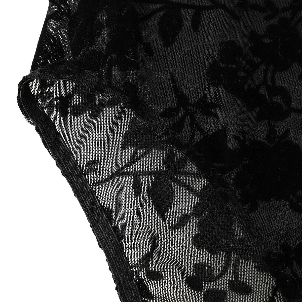 Sexy Women's Black Floral Flocking Sheer Mesh Mock Neck Long Sleeve Bodysuit