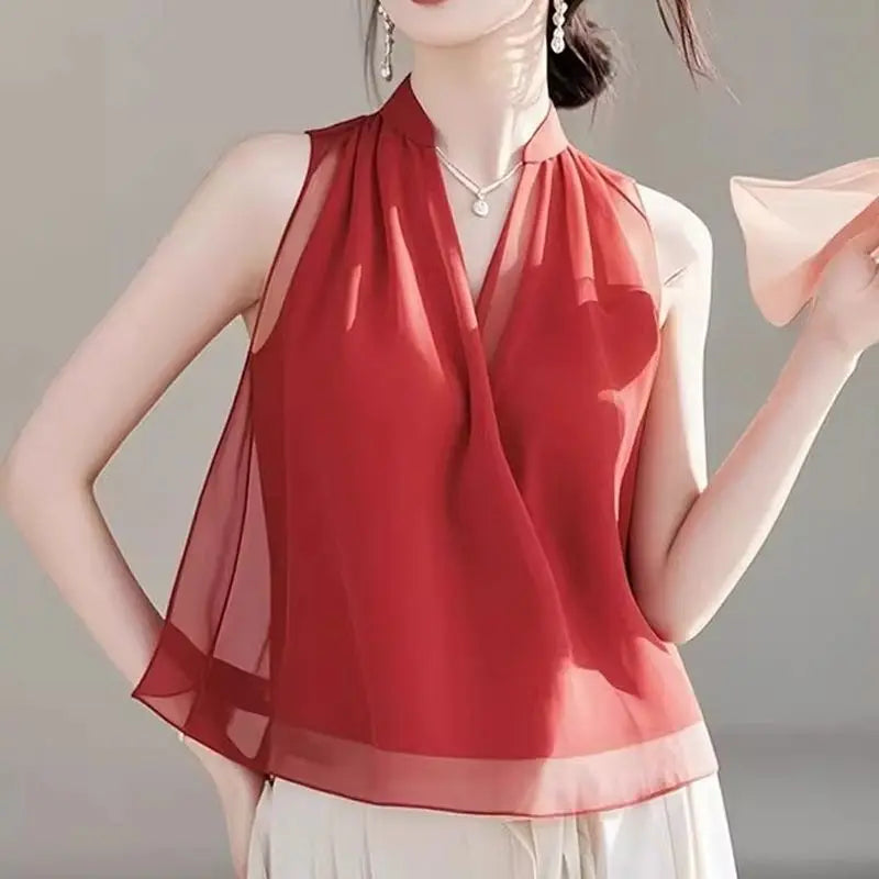 Sleeveless Chiffon Shirt 2025 Summer New Korean Style Fashionable V-neck Top Loose Simple Flesh-covering Small Fresh Shirt