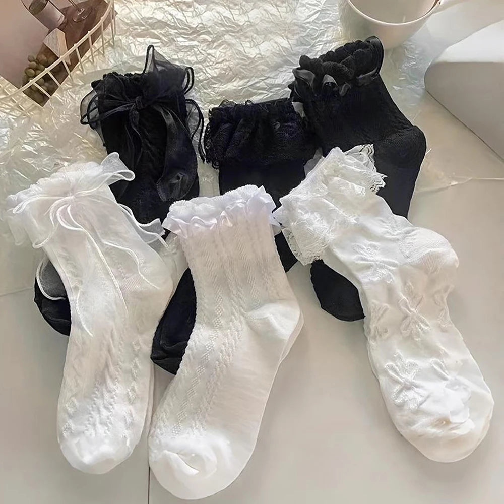 6 Pairs Woman Socks Solid Black White Lolita Lacework Ruffle Socks Summer Thin Japanese Style Kawaii Sweet Girls Short Socks