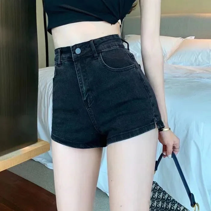 High-waisted Elastic Blue Denim Shorts Side Slot Women's Summer Korean Style Versatile Slimming Outerwear Wide Leg Heat Pants