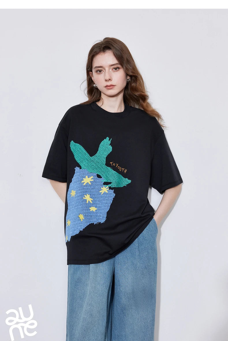 TOYOUTH Women Short Sleeve T-shirt 2025 Spring New Striped Strawberry Embroidered Round Neck Loose Pullover Tops