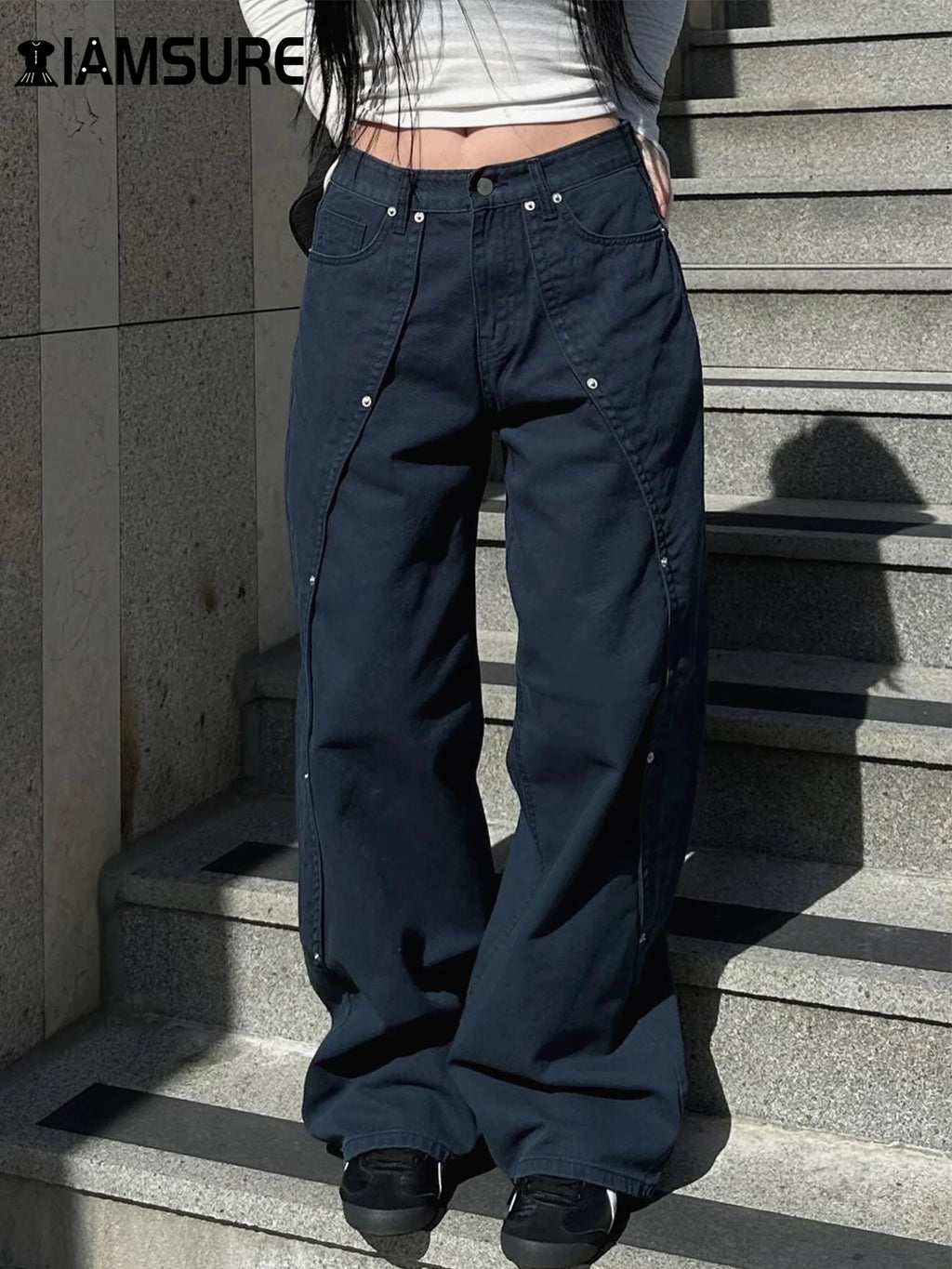 IAMSURE Casual Loose Rivet Jeans Wide Leg Pants Basic Low-Waisted Straight Pants Women 2025 Spring Autumn Streetwear Ladies