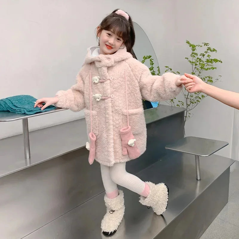 Thickened Fleece Winter Coat for Girls Cartoon Bear Middle-Length Jacket with Gloves Warm Toddler Baby Girl Outerwear