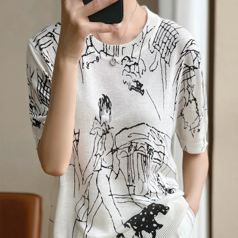 2022 new cashmere short sleeve spring and summer women's fashion short sleeve O-neck Pullover cashmere sweater graffiti short sl
