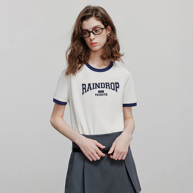 TOYOUTH Women Short Sleeve T shirt 2025 Summer New Color Blocked Letter American Style Antibacterial Cotton Tops GT5210004