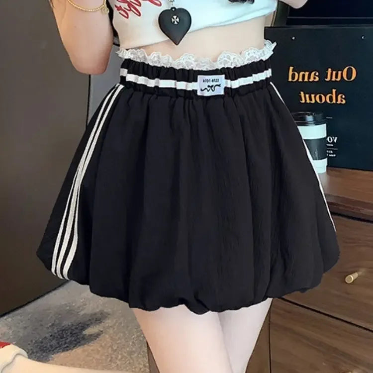 American Style Spliced Lace Stripe High Waist Half Skirt Women Summer Anti Exposure Flower Bud Puffy Short Skirt Polyester Fiber