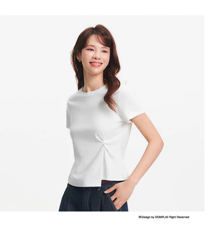 Semir Twist Knot Design Short Sleeve Tee Women Slim Fit 2025 Summer New Fashionable Casual Top