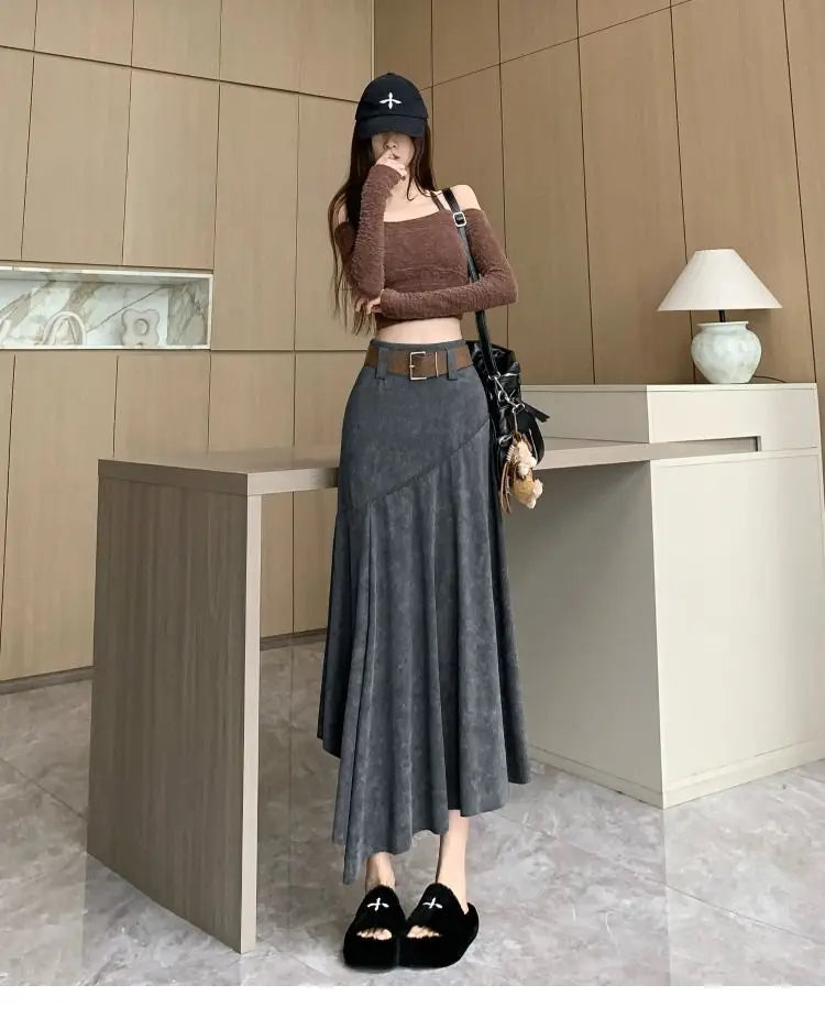 Women Clothing Autumn Korean Fashion Vintage High Waist Asymmetrical Skirts Female Elegant Chic Tie Dye Slim Long Skirt Faldas