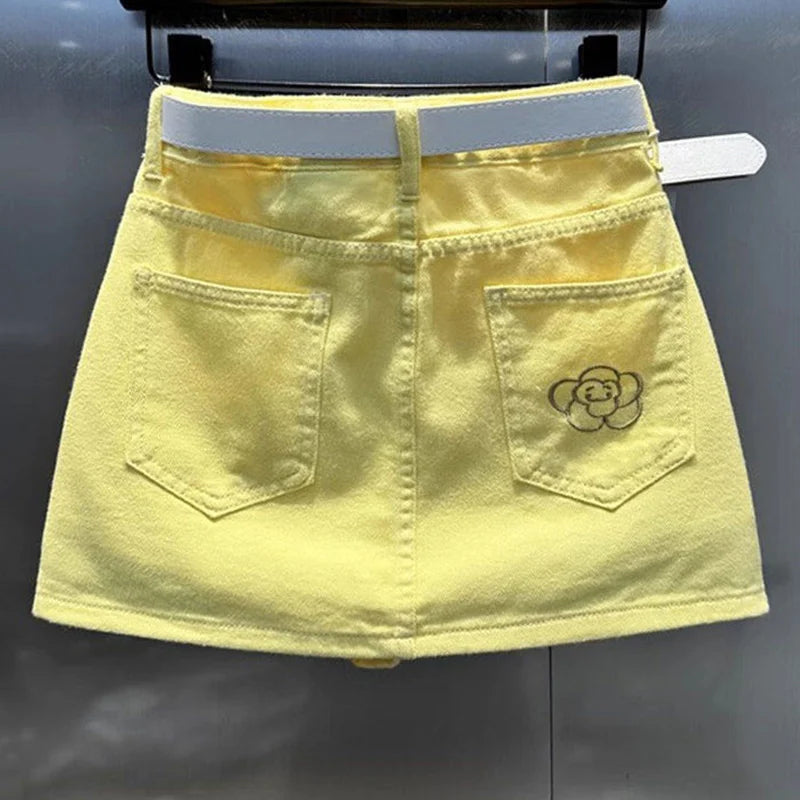 Female Korean All-match Denim Short Skirt 2025 Summer New Trend Sexy Embroidered Solid Color High Waist Printing A-line Skirt